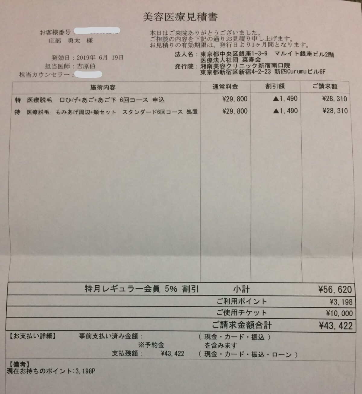 湘南美容クリニックひげ脱毛の見積書